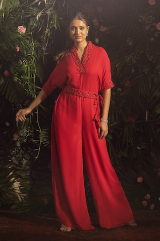 Samatvam by Anjali Bhaskar Ayeza Neckline Embroidered Jumpsuit With Belt 