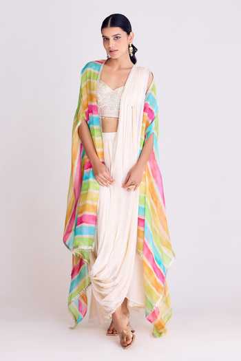 Basanti Kapde aur Koffee Pre-Draped Saree Set With Striped Cape 