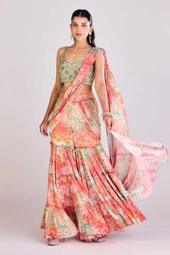 Basanti Kapde aur Koffee Printed Sharara Saree With Blouse 