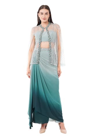 Anjali Kanwar Bead Pearl Embellished Jacket Draped Skirt Set 