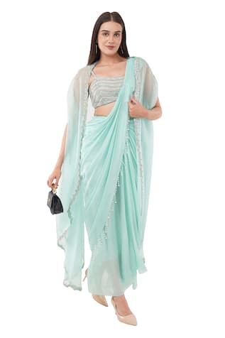 Anjali Kanwar Silk Embellished Scallop Border Cape Pre-Draped Saree Set 