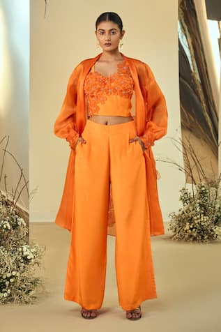 ORIGANI Floral Applique Shrug Pant Set 