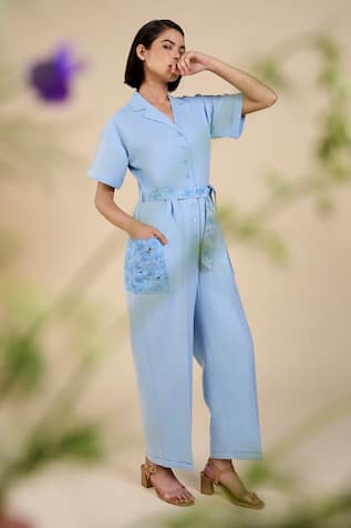 ORIGANI Floral Cutwork Patch Pocket Jumpsuit With Belt 