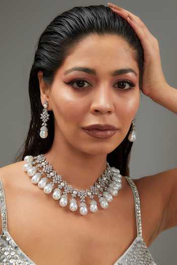Zevar By Geeta Faux Diamond & Chunky Pearl Embellished Necklace Set 