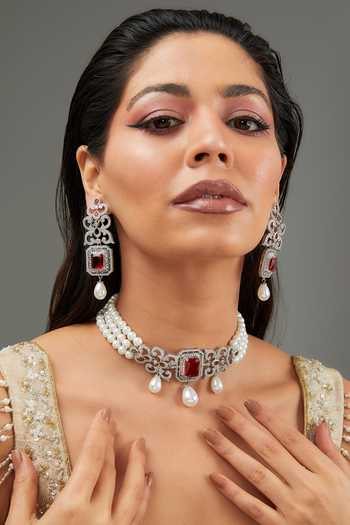 Zevar By Geeta Faux Diamond Embellihed Pearl String Choker Necklace Set 