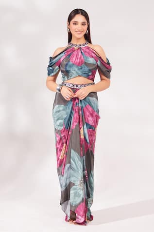 Chaashni by Maansi and Ketan Printed Top & Draped Skirt Set 