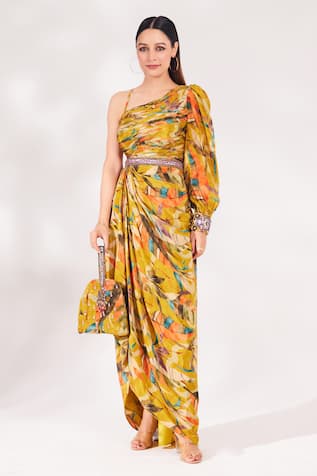 Chaashni by Maansi and Ketan Printed Pleated Dress With Bag 