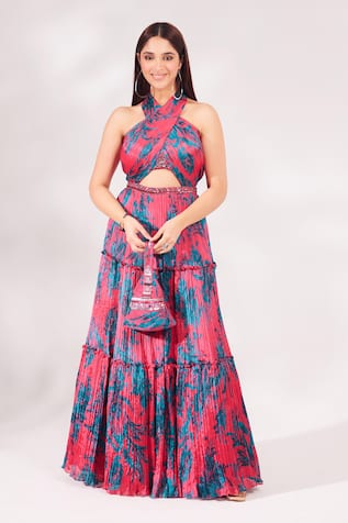 Chaashni by Maansi and Ketan Pleated Printed Dress With Bag 