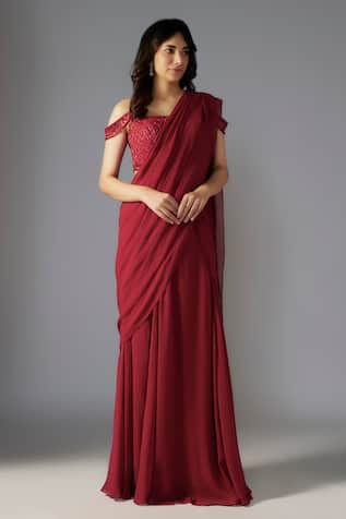 MAISOLOS Pre-Draped Saree With Sequin Embellished Off Shoulder Blouse 