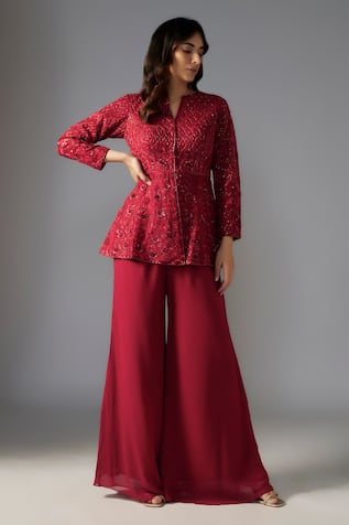 MAISOLOS Floral Jaal Embellished Peplum Jacket With Sharara 