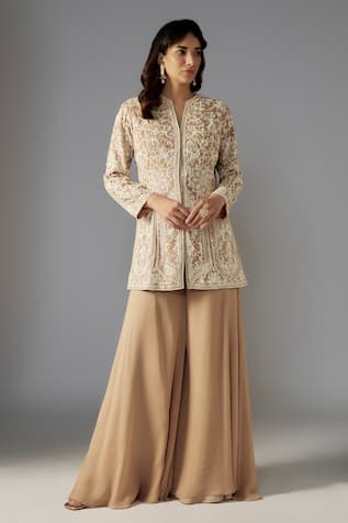 MAISOLOS Bead Embellished Floral Swirl Jacket With Sharara 