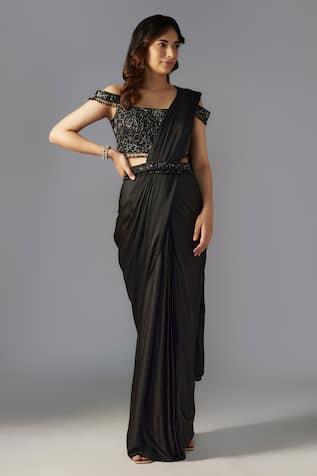 MAISOLOS Pre-Draped Saree With Geometric Embellished Off Shoulder Blouse 