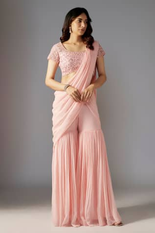 MAISOLOS Solid Pre-Draped Sharara Saree With Embellished Blouse 