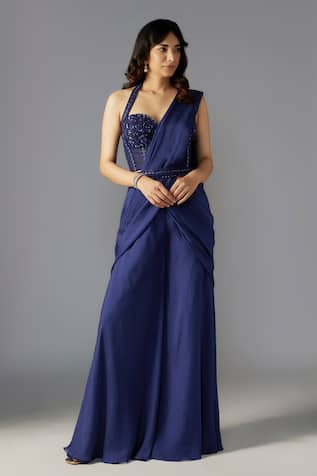 MAISOLOS Solid Pre-Draped Sharara Saree With Corset Blouse 