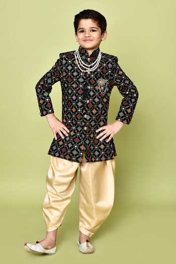 Petite Pomme Velvet Embroidered Sherwani & Dhoti Pant Set 