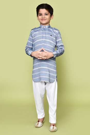 Petite Pomme Striped Print Band Collared Kurta & Pyjama Set 