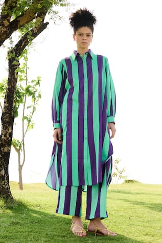 RAAS LIFE Iris Bar Stripe Long Tunic With Flared Pant 