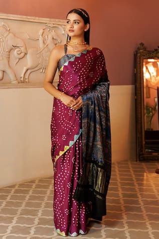 Geroo Jaipur Wave Bandhani Pattern Saree With Unstitched Blouse Piece 