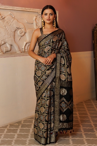 Geroo Jaipur Ajrakh Print Zari Pattern Saree With Unstitched Blouse Piece