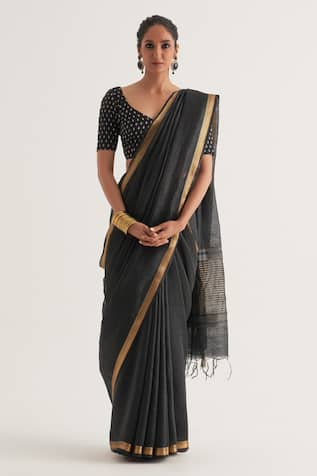 FIVE POINT FIVE Paro Contrast Border Saree With Unstitched Blouse Piece 