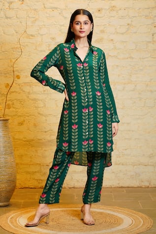 Sajeda A Lehry Sania Leaf Print High Low Tunic & Pant Set 