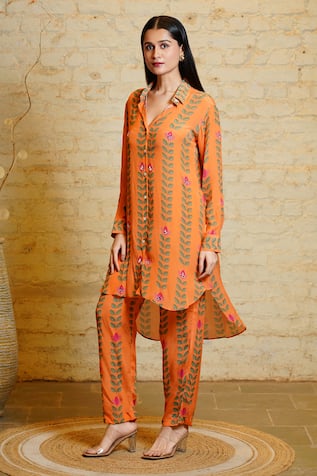 Sajeda A Lehry Sania High Low Leaf Print Kurta & Pant Set 