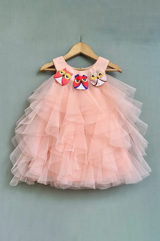 Ruffled Owl Applique Embroidered Dress 