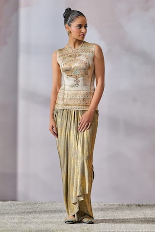 Tarun Tahiliani Painting Inspired Print Metallic Top 