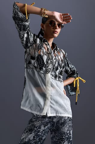 Devina Juneja Monochrome Dori Leaf Weave Organza Shirt 