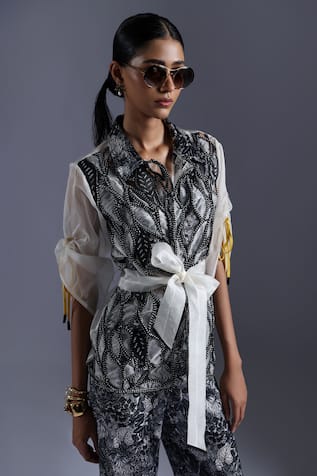 Devina Juneja Monochrome Dori Leaf Collared Wrap Top With Belt 