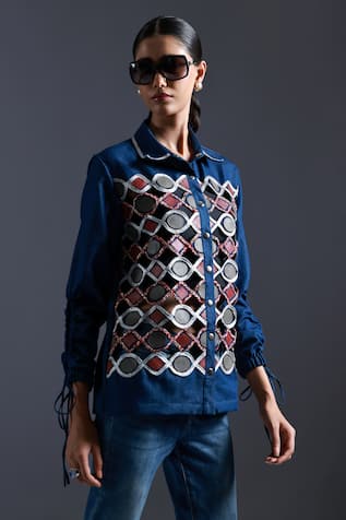 Devina Juneja Mosaic Scrap Leather & Lace Embellished Shirt 