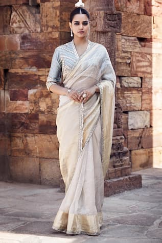 MATSYA Aquamarine Aurum Saree With Embroidered Blouse 