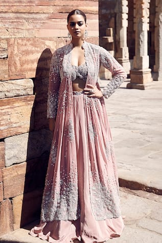 MATSYA Rose Empress Wing Embroidered Cape Lehenga Set 