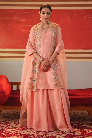 Kesar Studio Embroidered Scallop Cape Kurta Flared Pant Set 