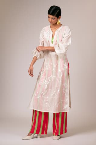 Madder Much Astra Sheer Embroidered Kaftan Kurta Striped Pant Set 