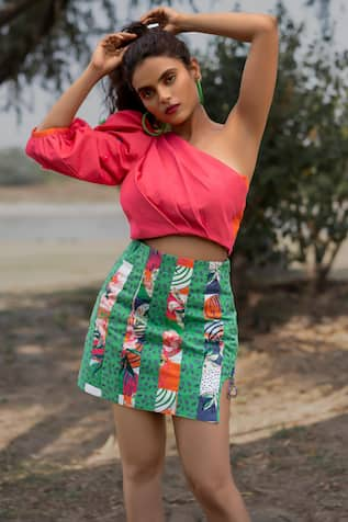 ZEN'S COUTURE Mindy Applique One Shoulder Top With Skirt 