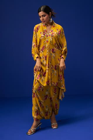 ZEN'S COUTURE Shimaaz Bloom Garden Print Kurta With Draped Dhoti 