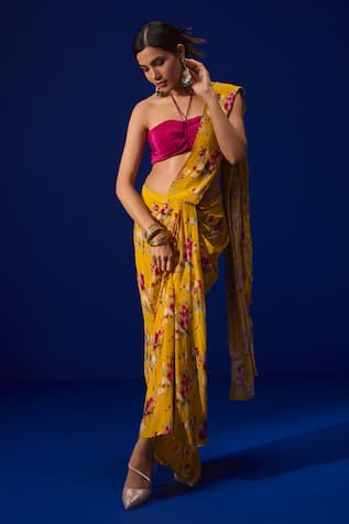 ZEN'S COUTURE Iqra Blossom Print Pre-Draped Saree With Blouse 