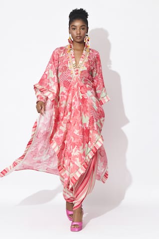 Rishi and Vibhuti Muse Embellished Printed Kaftan With Dhoti 