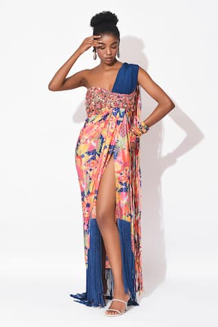 Rishi and Vibhuti Fusion Flame Crepe Floral Print Gown 