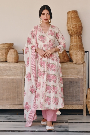 KARAJ JAIPUR Rose Print Angrakha Anarkali Set