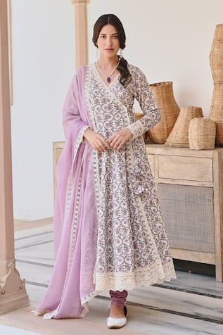 KARAJ JAIPUR Floral Vine Angrakha Anarkali Set 