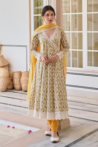 KARAJ JAIPUR Cotton Printed Angrakha Anarkali Set 