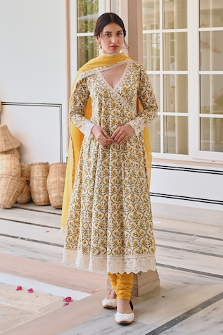 KARAJ JAIPUR Cotton Printed Angrakha Anarkali Set