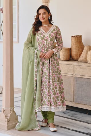 KARAJ JAIPUR Floral Jaal Print Anarkali Set 