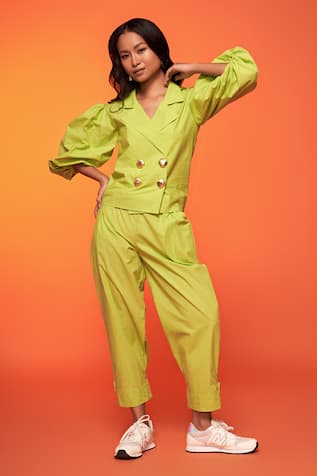 Neetiandmudita Lime Green Cotton Bolero Top & Pant Set 