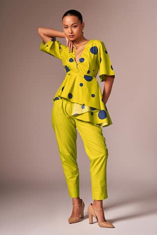 Neetiandmudita Lime Polka Dot Asymmetric Peplum Set 