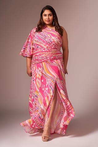 Neetiandmudita Abstract Wave Print Draped Dress 