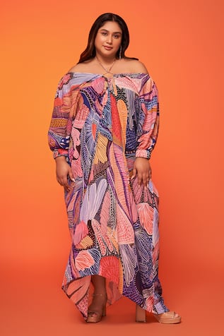 neetiandmudita Abstract Wave Print Asymmetric Dress 