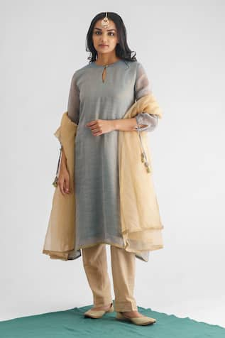 Mushio Aasmani Zari Stripe Woven A-Line Kurta & Pant Set 